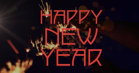 Photo for Image of happy new year text in red over hands holding sparklers on black background. New year, greeting, party, celebration and tradition concept digitally generated image. - Royalty Free Image