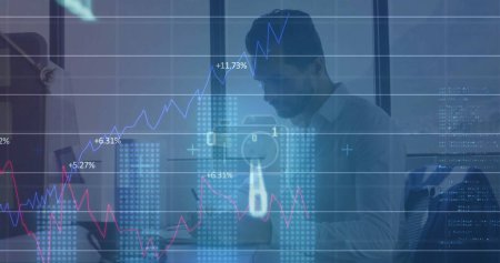 Image of financial data processing over caucasian businessman taking notes. Global business, finances, communication, computing and digital interface concept digitally generated image.