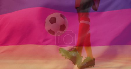 Photo for Image of african american male soccer player over flag of germany. Global patriotism, celebration, sport and digital interface concept digitally generated image. - Royalty Free Image