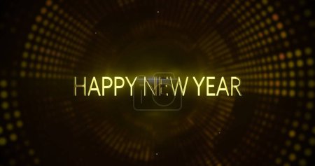 Image of happy new year text and lights on black background. New year, new year's eve, party, celebration and tradition concept digitally generated image.