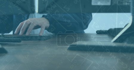Photo for Image of mathematical drawings and formulae over man using computer. digital interface global connection and communication concept digitally generated image. - Royalty Free Image