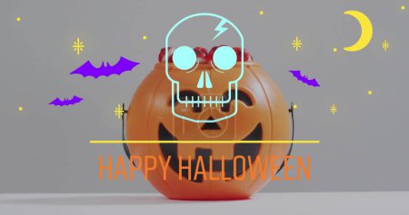 Foto de Imagen de texto feliz halloween con fantasmas sobre cubo de calabaza naranja con dulces. halloween tradición y celebración concepto de imagen generada digitalmente. - Imagen libre de derechos