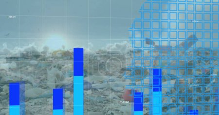 Image of graphs and map over sun in clouds and low angle view of dumping ground. Digital composite, multiple exposure, report, finance, global, wastage, garbage and recycling concept.