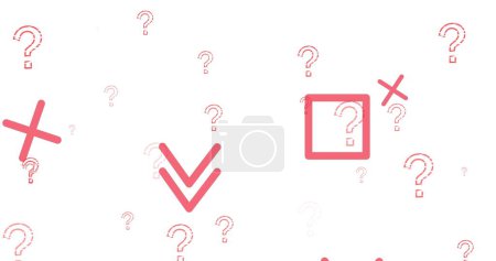 Photo for Image of shapes over question marks on white background. Global education and digital interface concept digitally generated image. - Royalty Free Image