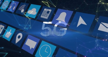 Photo for Image of 5g text, digital social media icons and data processing on blue background. global connections and data processing concept digitally generated image. - Royalty Free Image