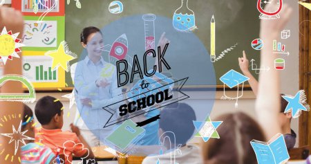 Photo for Image of back to school text over school items icons and class. education, development and learning concept digitally generated image. - Royalty Free Image