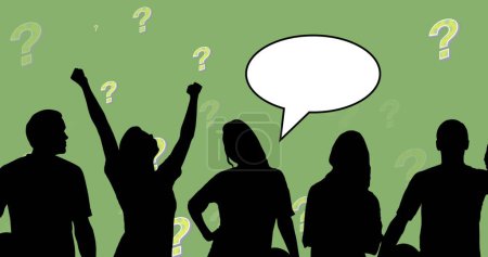 Foto de Image of people silhouettes with speech bubbles over question marks on green background. Global education and digital interface concept digitally generated image. - Imagen libre de derechos