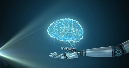 Bild eines dreidimensional blau leuchtenden menschlichen Gehirns, das sich dreht, mit einem Roboterarm, der sich auf glühend blauem Hintergrund ausstreckt. Künstliche Intelligenz Konzept der globalen Wissenschaft digital generiertes Bild.