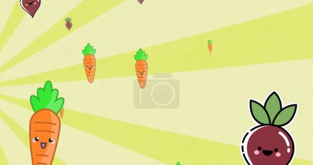 Foto de Imagen de verduras cayendo sobre fondo amarillo rayado. Comida, frutas, vegetales y mundo vegano concepto de día digitalmente generado imagen. - Imagen libre de derechos