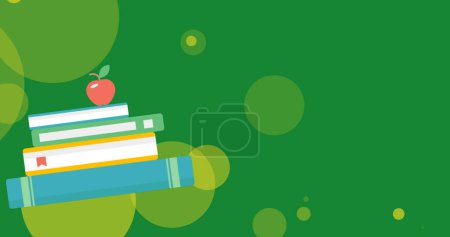Photo for Image of yellow spots over apple on stack of books. international literacy day and reading concept digitally generated image. - Royalty Free Image