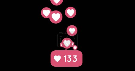 Téléchargez les photos : Image numérique d'une icône de coeur et nombres croissants à l'intérieur d'un carré rose tandis que les icônes de coeur dans les cercles roses se déplacent vers le haut dans l'écran pour les médias sociaux 4k - en image libre de droit