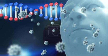 Photo for Image of falling cells and dna strand over human head 3d model on dark background. Global covid 19 pandemic concept digital generated image. - Royalty Free Image