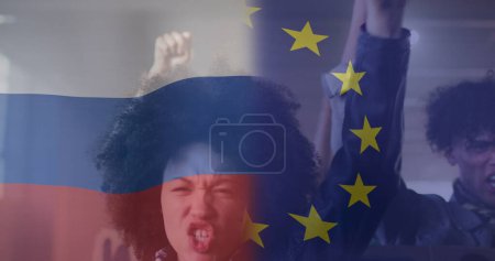 Téléchargez les photos : Image du drapeau de la Russie et de l'union européenne sur les manifestantes afro-américaines et les manifestants masculins. ukraine crise et politique internationale concept image générée numériquement. - en image libre de droit