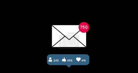 Photo for Image of a white envelope icon with a pink dot in the corner with numbers going up and a speech bubble with like, love and person symbols and numbers going up on a black background - Royalty Free Image