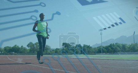 Photo for Image of digital data over african american disabled man training with running blade. Sport, disability, durability and technology concept digitally generated image. - Royalty Free Image