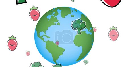 Téléchargez les photos : Image de légumes tombant sur le globe sur fond blanc. Journée mondiale végétalienne, nutrition, concept de régime alimentaire image générée numériquement. - en image libre de droit