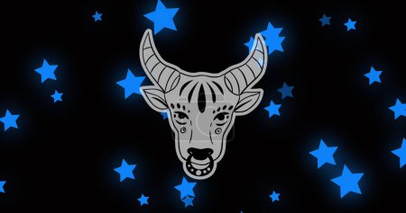 Bild von Stier auf schwarzem Hintergrund mit Sternen. Astrologie, Tierkreis und Wahrsagungskonzept digital generiertes Bild.