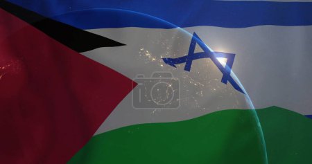 Photo for Image of globe over flag of palestine and israel. Palestine israel conflickt, finance, business and data processing concept digitally generated image. - Royalty Free Image