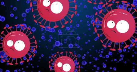 Bild von roten Viren über blauen Zellen auf blauem Hintergrund. Humanbiologie, Anatomie und Körperkonzept digital generiertes Bild.