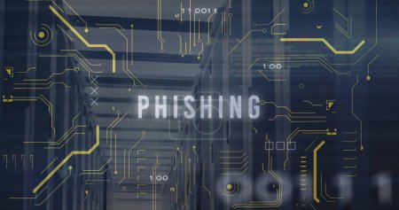 Circuit patterns overlay text spelling PHISHING. The graphic symbolizes digital security threats and the risks of data breaches.