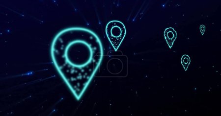 Image of location pin icons with connections and data processing over dark background. Global digital interface, connections, computing and data processing concept digitally generated image.
