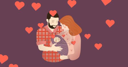 Photo for Image of caucasian couple with baby over purple background with hearts. Family and adoption concept digitally generated image. - Royalty Free Image