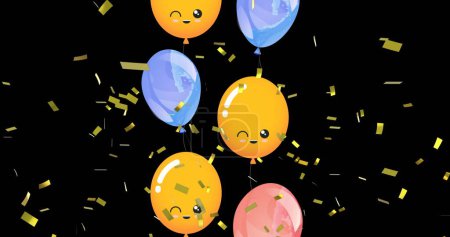 Téléchargez les photos : Image de ballons colorés volant et tombant confettis sur fond noir. concept de fête et de célébration image générée numériquement. - en image libre de droit