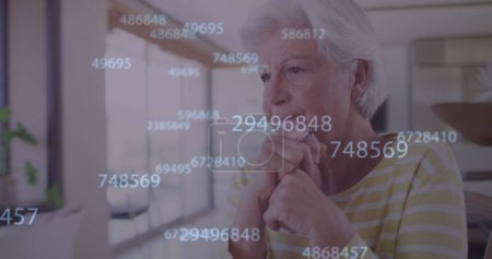 Photo for Image of numbers processing over thoughtful caucasian senior woman leaning on at home. retirement lifestyle and data processing technology concept digitally generated image. - Royalty Free Image