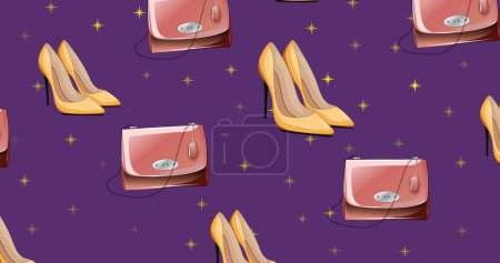 Image of heels, bags and stars over purple background. Fashion business, shopping and accessories concept digitally generated image.