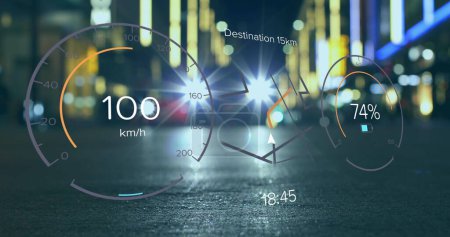 Image of speedometers, changing numbers and navigation pattern over blurred vehicle on street. Digital composite, multiple exposure, measurement, business and transportation concept.