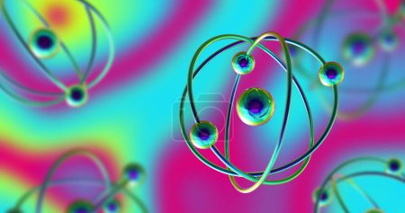 Image of atom models spinning over multicoloured vibrant background. Global science, research, connections, computing and data processing concept digitally generated image.