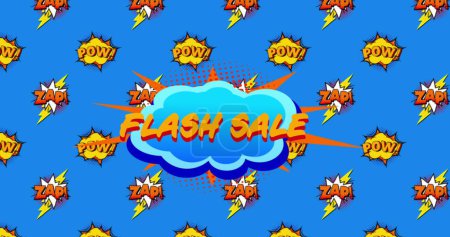 Image of yellow Flash Sale on speech bubble over the Pow! and Zap! text written over cartoon retro speech bubbles on blue background. Vintage comic concept digitally generated image.