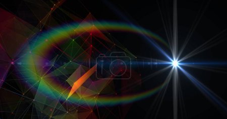 Photo for Digital image of multicolored Plexus networks over blue spot of light and light flare moving against black background. Global networking and connection concept - Royalty Free Image