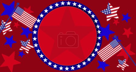 Téléchargez les photos : Image de cercle avec espace de copie, étoiles et drapeaux des États-Unis d'Amérique sur fond rouge. Indépendance américaine, tradition et concept de célébration image générée numériquement. - en image libre de droit