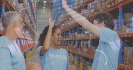 Photo for Image of statistics and data processing over smiling volunteers working in warehouse. global data processing, shipping, delivery and connections concept digitally generated image. - Royalty Free Image