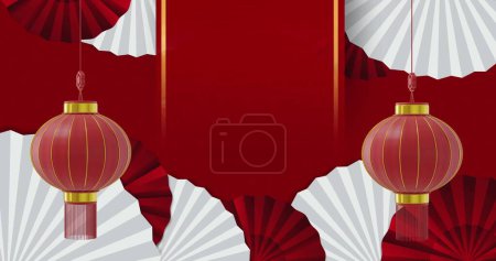 Image de lanternes et motif chinois avec espace de copie sur fond rouge. Nouvel an chinois, fête, célébration et concept de tradition image générée numériquement.