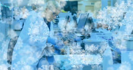 Foto de Imagen de modelos de coronavirus flotando sobre una vista de una trabajadora de laboratorio durante la investigación. Covid 19 pandemia salud ciencia medicina concepto digital compuesto. - Imagen libre de derechos