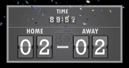 Image of confetti falling over scoreboard on black background. sports and competition concept digitally generated image.