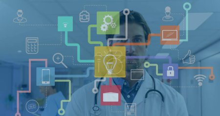 Image d'un réseau de connexions avec des icônes sur un médecin caucasien à l'hôpital. Concept de médecine mondiale, de santé et d'interface numérique image générée numériquement.