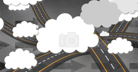 Image of clouds over roads on grey background. transport, traffic, navigation and technology concept digitally generated image.