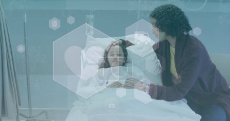 Image of medical data processing over biracial mother with girl patient. Global healthcare, science, medicine, research, computing and data processing concept digitally generated image.