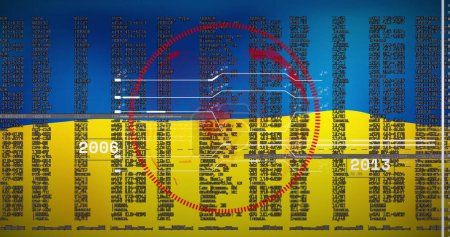 Image of financial data and globe over flag of ukraine. ukraine crisis, economic crash and international politics concept digitally generated image.