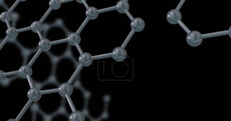 Bild von 3D-Mikro von Molekülen auf schwarzem Hintergrund. Globale Wissenschaft, Verbindungen, Computing, digitale Schnittstelle und Datenverarbeitungskonzept digital generiertes Bild.