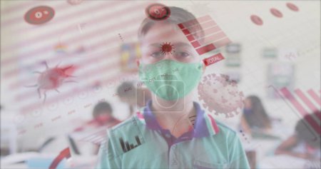 Bild einer digitalen Schnittstelle, die Statistiken mit einem Schüler im Unterricht zeigt, der eine Gesichtsmaske trägt. Gesundheitsfürsorge und Schutz bei Coronavirus Covid 19 Pandemie, digital generiertes Bild.