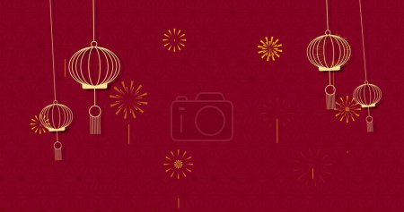 Téléchargez les photos : Image de motif de lanterne chinoise et décoration sur fond rouge. Nouvel an chinois, fête, célébration et concept de tradition image générée numériquement. - en image libre de droit