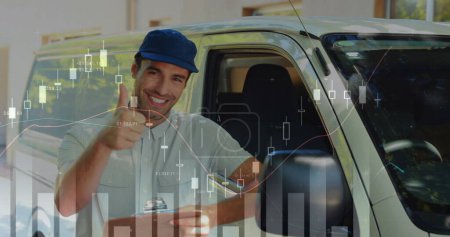 Image of financial data over happy caucasian male courier gesturing in front of car. business, finance and delivery services concept digitally generated image.