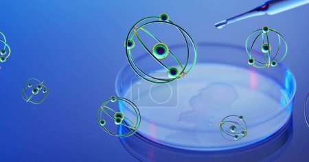 Bild von Atomen über Laborschüssel auf blauem Hintergrund. Wissenschaft, Forschung und Laborkonzept digital generiertes Bild.