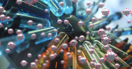 Imagen de células coronavirus que fluyen sobre una vista de muestras viales girando en cámara lenta. Covid 19 pandemia salud ciencia medicina concepto digital compuesto.