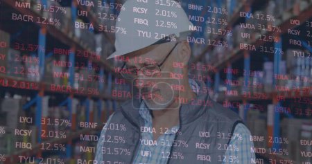 Photo for Image of financial data processing over man working in warehouse. global shipping and connections concept digitally generated image. - Royalty Free Image