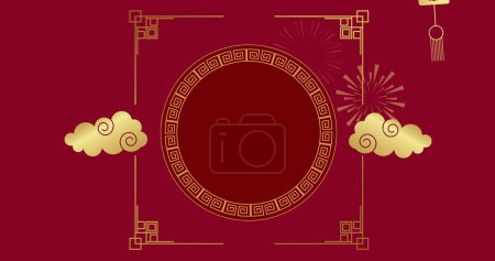 Bild der chinesischen Muster und Wolken Dekoration auf rotem Hintergrund. Chinesisches Neujahr, Fest, Feier und Brauchtumskonzept digital generiertes Bild.